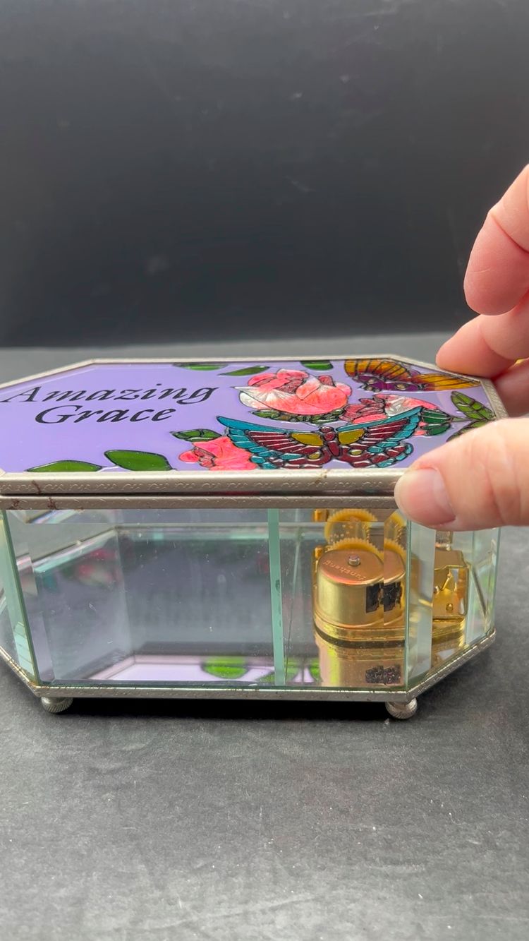 #349B Vintage Painted Glass And Brass Musical Trinket Box. Colorful Flowers And Butterfly Plays Amazing Grace