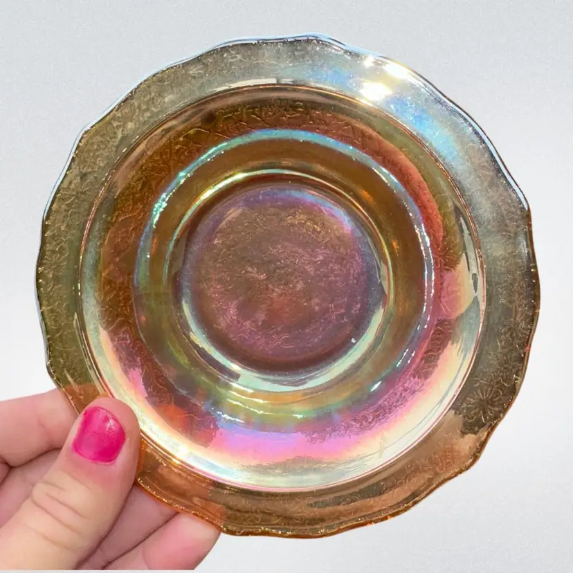 Federal Normandie Marigold Carnival Glass 5” Berry Bowls Lattice & Bouquet 4 Pc