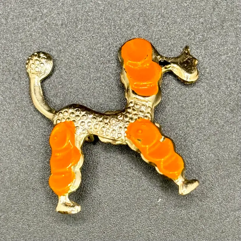 Gold Toned Orange Enamel Poodle Dog Brooch Pin 1” Marked