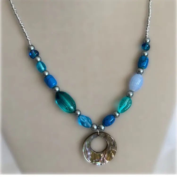 Mermaid Core Blue Glass and Mother of Pearl Pendant Necklace