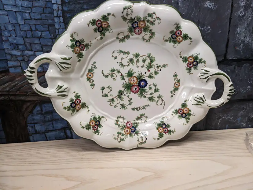 Capodimonte Serving Dish Platter Embossed Handles flowers Floral Multicolor 18.5 x 13" Italy Victorian Style  Cottage decor