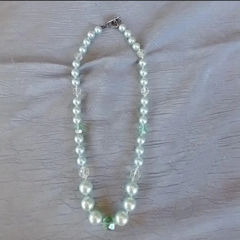 Vintage Pearl and Crystals Bead Necklace Hand Knotted Toggle Clasp