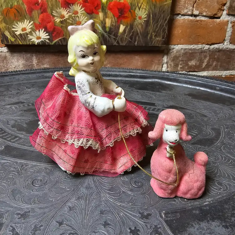 Vintage 1950s Sonsco Japan Girl with Pink Poodle Figurine Set Ceramic & Flocked Dog MCM Kitsch