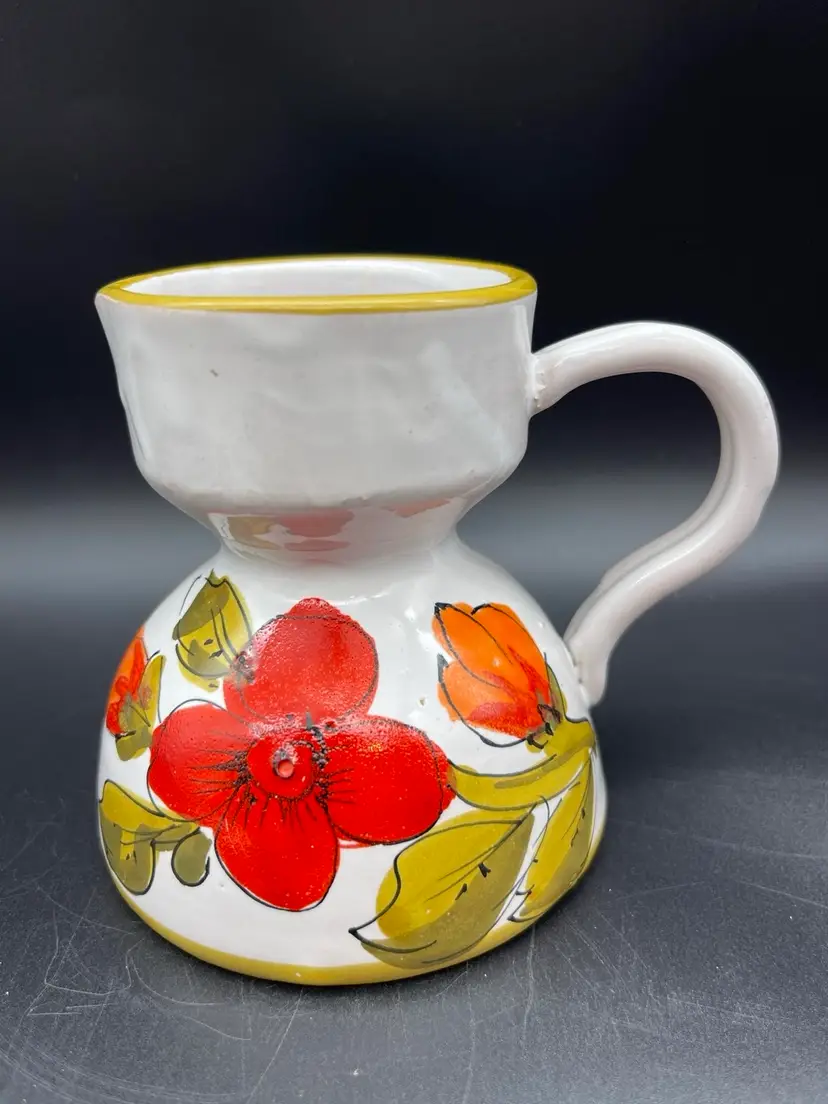 Vintage Italian art pottery narrow neck pitcher with spout.  Floral design