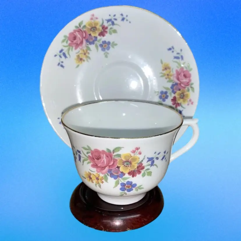 Royal Vale Bone China Cup & Saucer England Pink Roses Blue & Yellow Floral