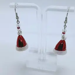Santa Hat Christmas Earrings Red White Fishhook Ear Wires