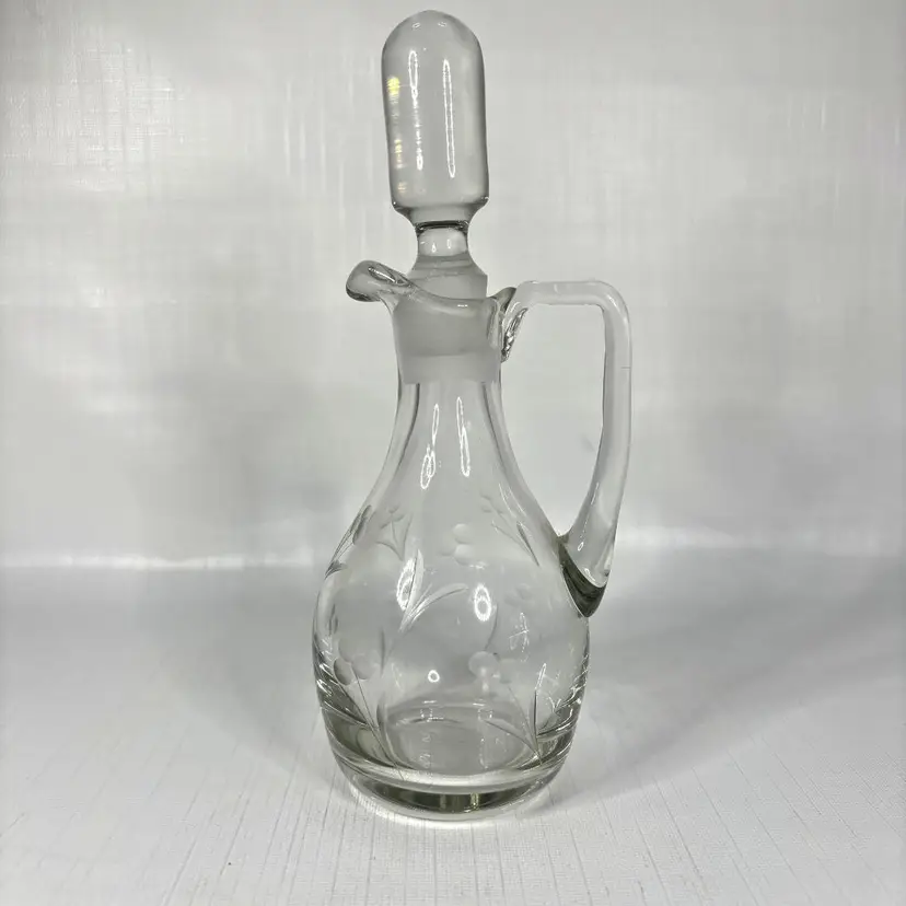Etched Glass Oil Vinegar Cruet Flower Bottle Hand Blown Stopper Vintage