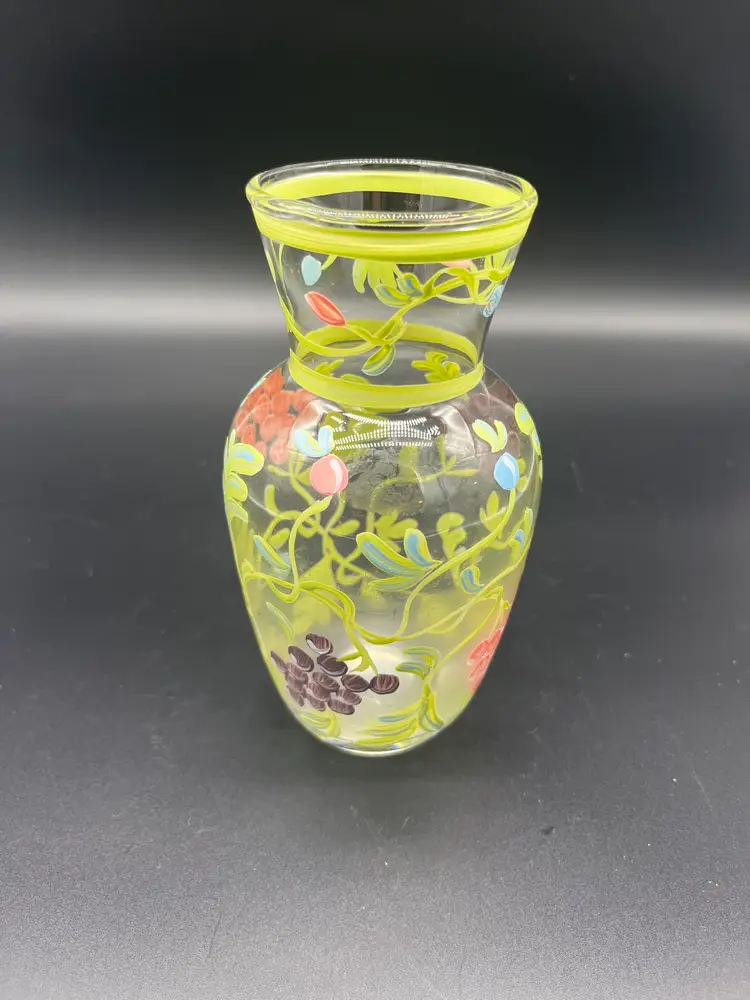 Tracy Porter Hand-Painted Glass Vase - Grapes & Leaves Motif - 6" Tall, Fluted Rim