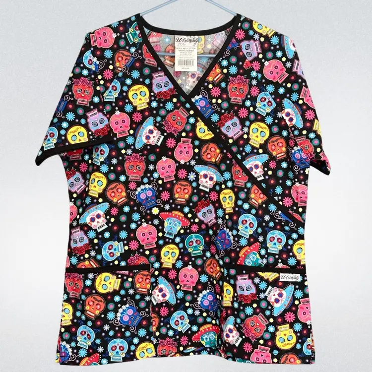 Ladies Sugar Skull Day Of The Dead Scrub Top Size M