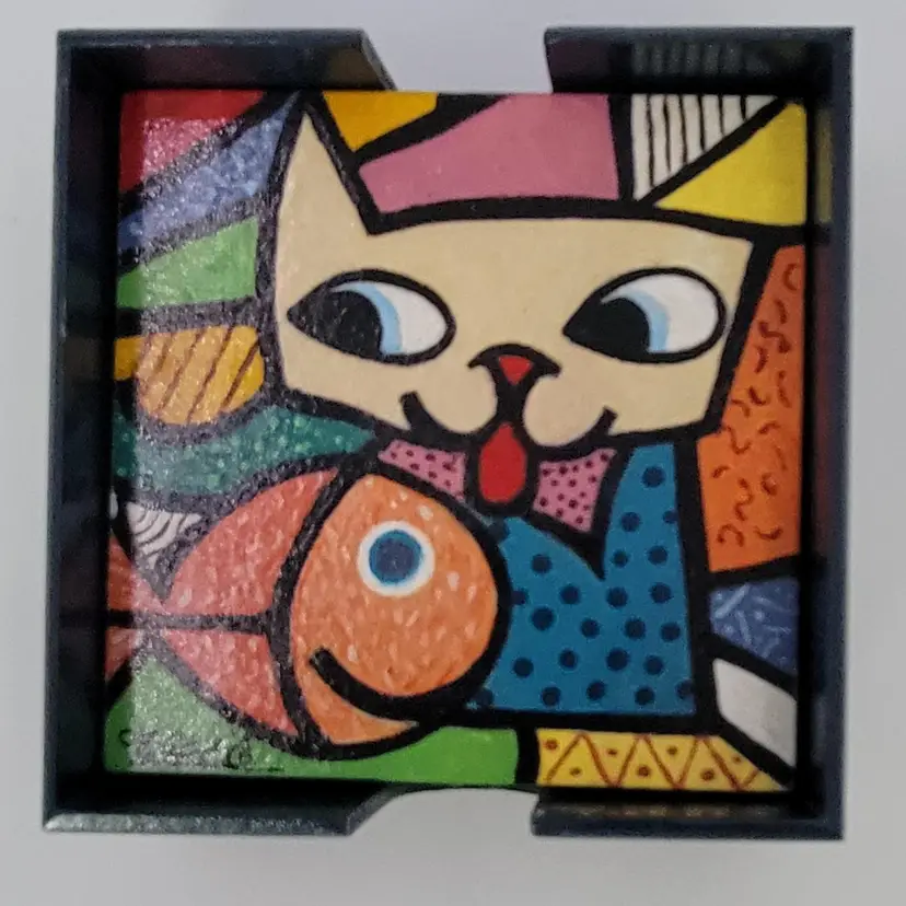 Whimsical Hand Painted Colorful Wood Coaster Set Of 6 Signed M.H d'Empaire With Blue Wood Holder