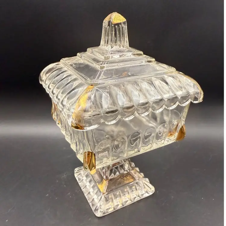 Vintage Jeannette Glass Wedding Box Compote with Gold Trim