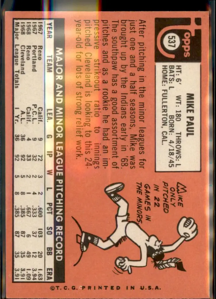 1969 Topps #537 Mike Paul - (pk3) - Cleveland Indians