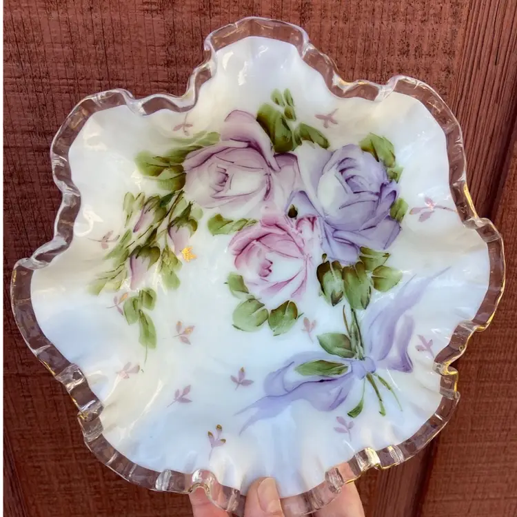 White Milk Glass Bowl with Ruffled Edge and Floral Design. No Maker Mark.