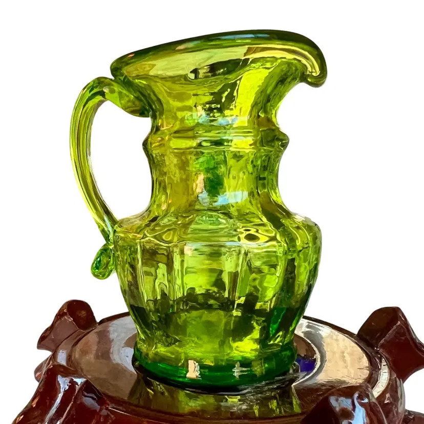 Vintage Set Kanawha Art Hand Blown Glass Green Mini Cream Pitcher Vase Green Amber 3.5”