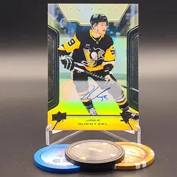 Jake Guentzel Auto 2023-24 Upper Deck Trilogy Gold Autograph Parallel - Card #22 - Pittsburgh Penguins Hockey Card