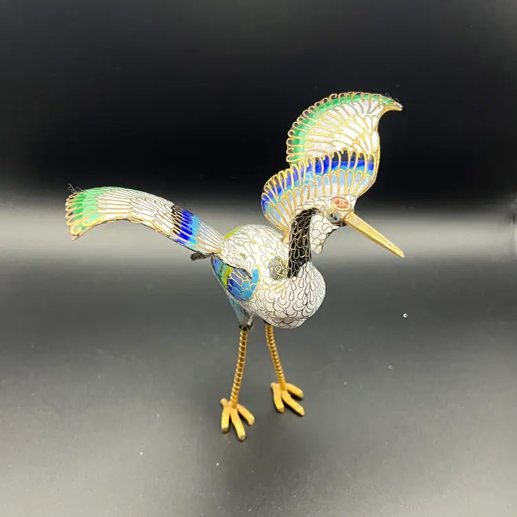Chinese Cloisonne Crane Bird Blue White Gold Expanded Wings Free Standing 5.5”
