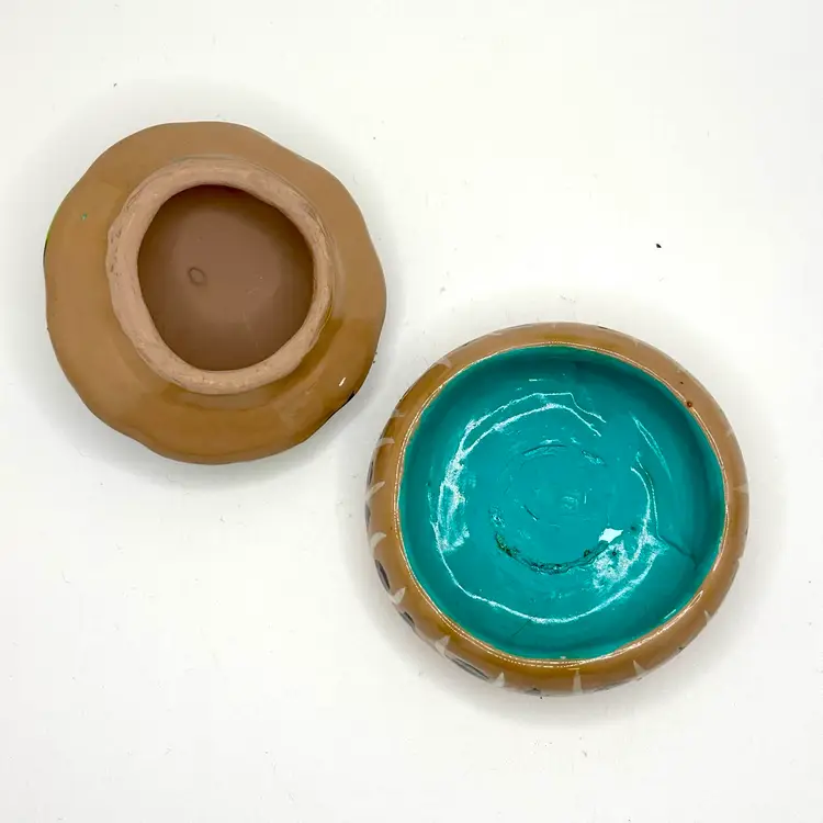 3 Flowers Mexican Pottery Round Trinket Box 2.5”