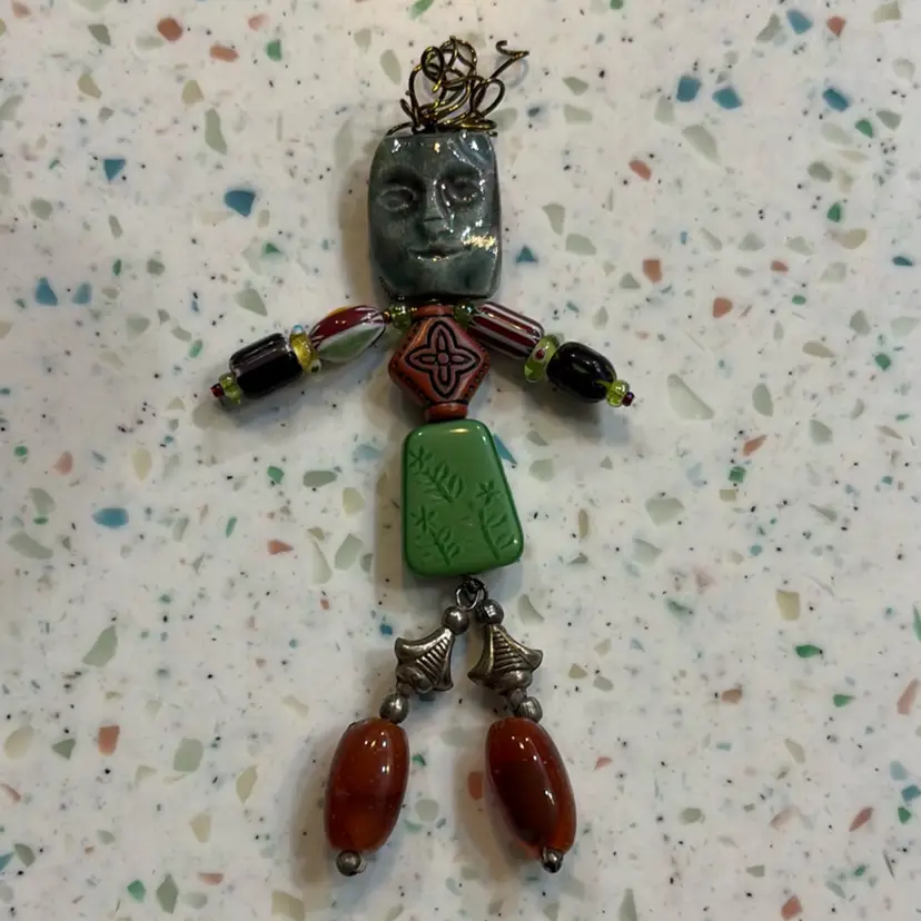 Glass Bead And Clay Figure, 5” Tall, Face Is Raul
