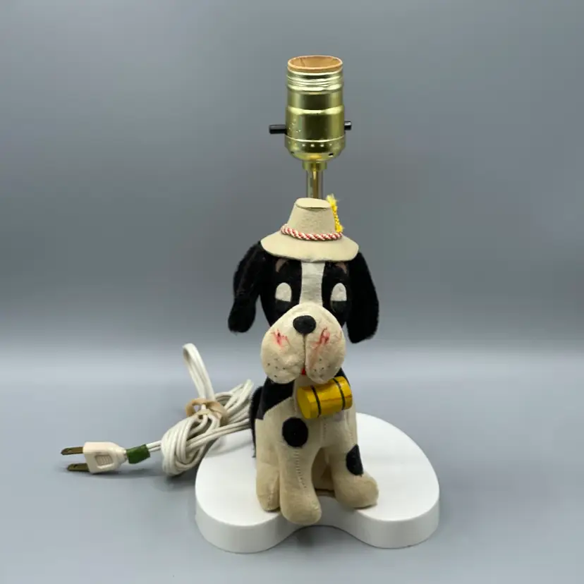 Vintage Plush Saint Bernard Dog Table Lamp Plastic Base Tested Nursery