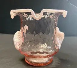 Vintage Handblown Pink Glass With Applied Light Pink/White Pedals/Handles Vase