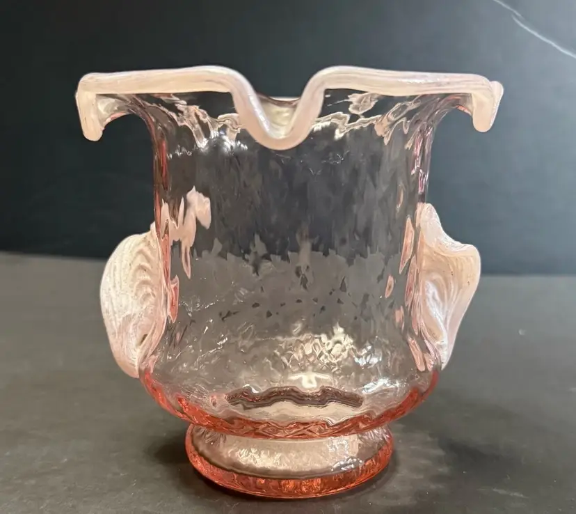 Vintage Handblown Pink Glass With Applied Light Pink/White Pedals/Handles Vase
