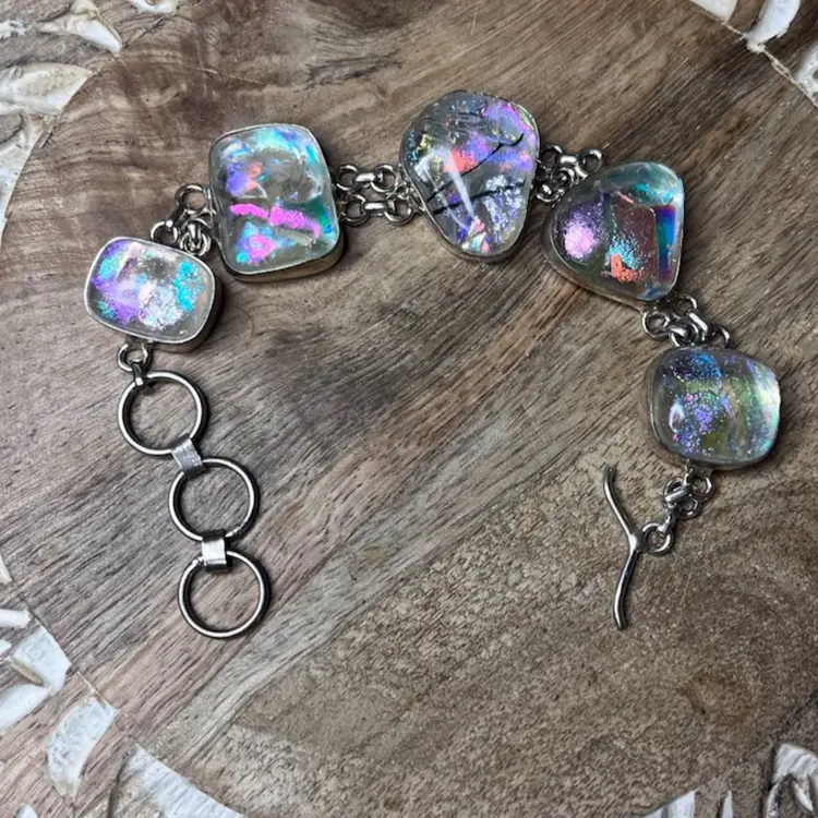 925 Sterling Silver Opalescent Dichroic Clear Glass  Link Bracelet