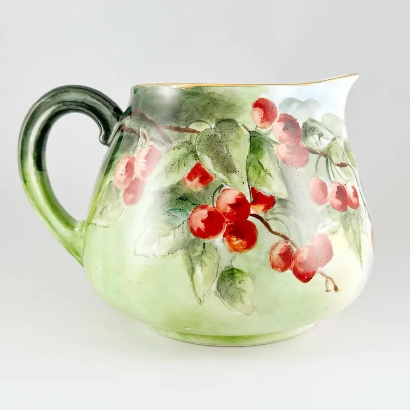 T&V Tressemanes & Vogt Limoges Cherries Porcelain Cider Jug Pitcher France Atq