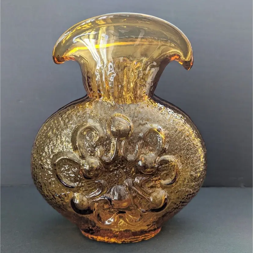 VTG Mid Century Wayne Husted for Colony Glass Double Spout Pitcher Vase Amber