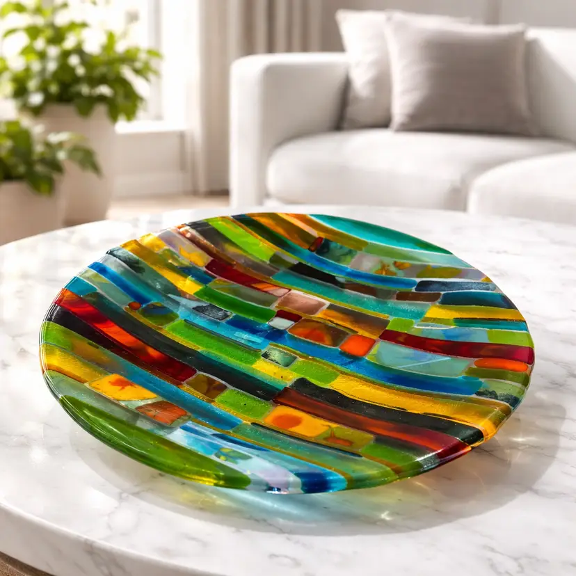 Handcrafted Rainbow Fused Art Glass Shallow Bowl (Blue,Orange, Teal, Green) 10"