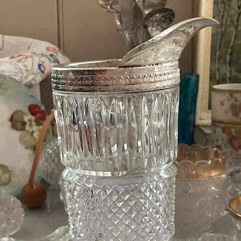 Cocktail Pitcher Silver Collar. Cut Crystal Heavy 10”