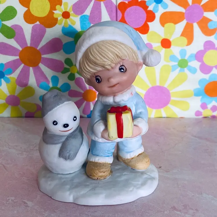 Vintage Homco Christmas Boy Holding A Gift w/Snowman Figurine