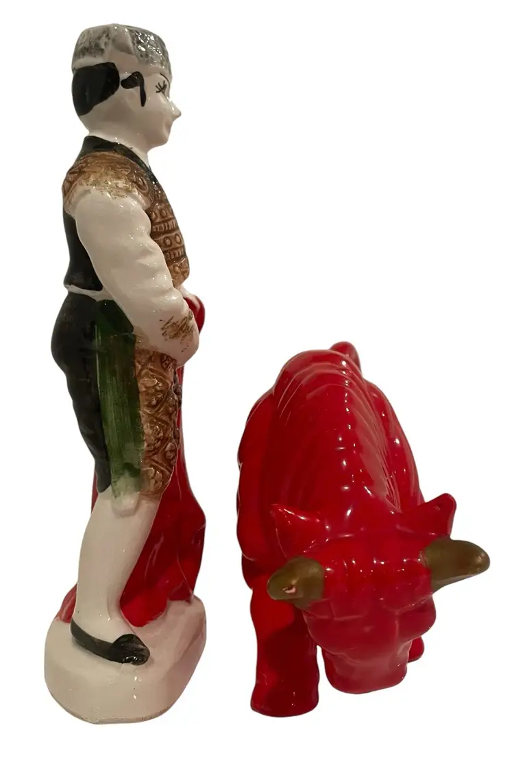1960s 10.25” T Matador & 9.5” W Red Bull Ceramic Figurines Hand Painted Japan