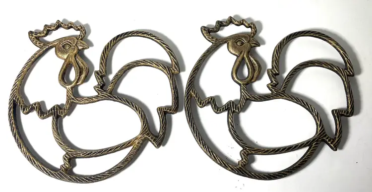 Pair Of Rooster Trivet Wall Hangings. Metal With Antiqued Gold Tone Finish.