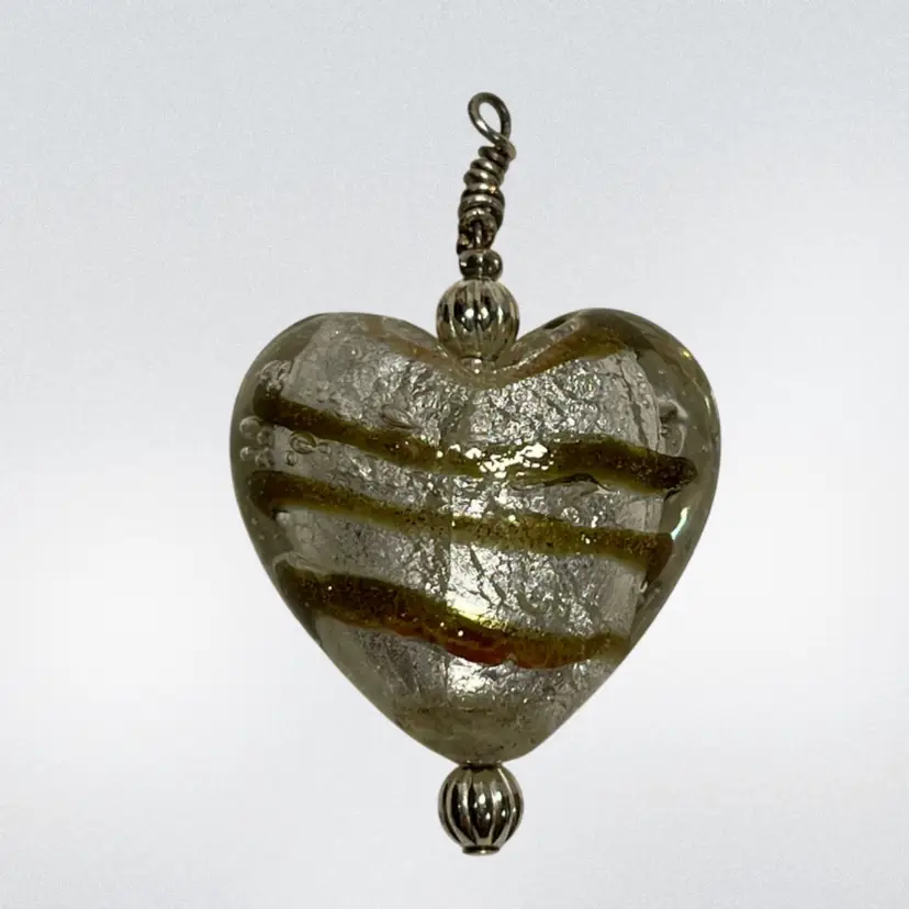 Art Glass Heart Wire Wrap Bead Pendant White & Gold  | 1”