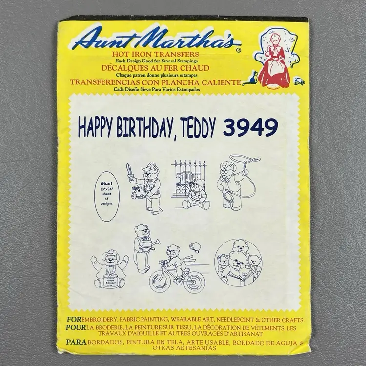 Vintage Aunt Martha's Hot Iron Transfers #3949 Happy Birthday Teddy Crafting Uncut