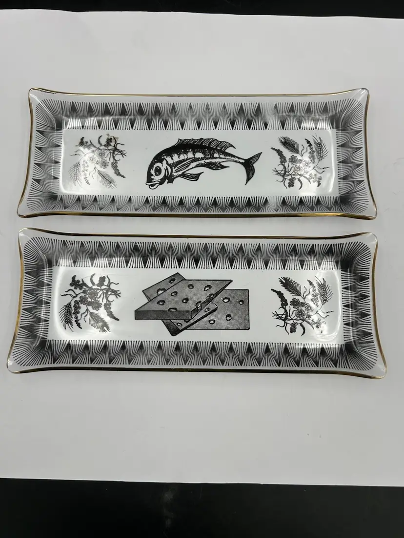 2 Vintage MCM Serving dishes Lox Cheese clear glass gold rimmed Black graphics