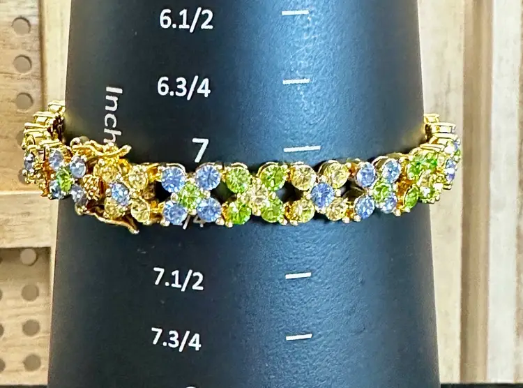 Joan Rivers Gold Tone Blue & Green Rhinestones X Flower Tennis Bracelet