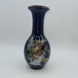 Vintage Cobalt Blue Pheasants Ceramic Vase