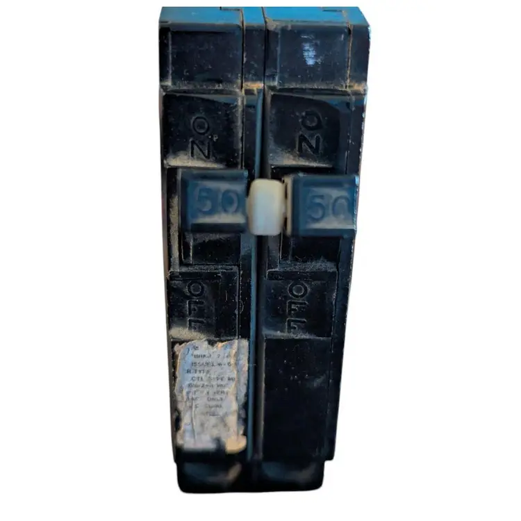 The Crouse-Hinds 50 Amp 2 Pole Circuit Breaker is designed for both interior and exterior use with a manual reset operation. It features a voltage rating of 120/240VAC and a maximum amperage of 50A, suitable for branch circuit applications. This tandem breaker unit is suitable for electrical wiring installations and comes in a black color with a snap-in mounting style for easy installation in a two-gang setup. Made of ABS/plastic material, it has screw terminals for electrical connections and is designed for on/off operation, providing protection for a 2-phase AC current system.