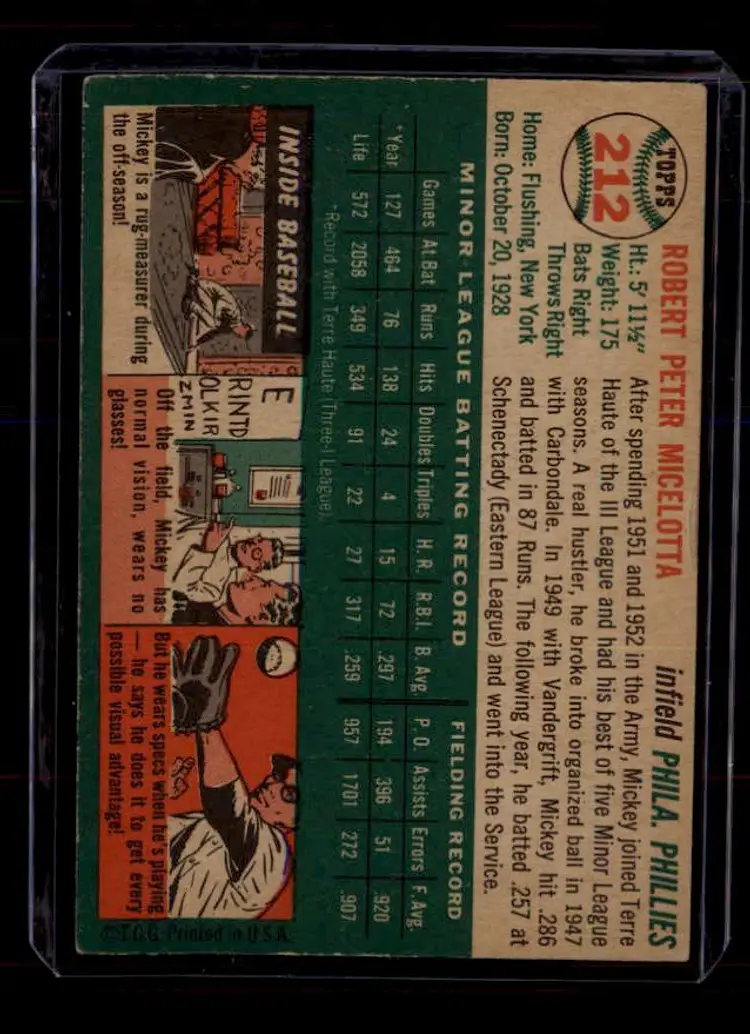 1954 Topps #212 Mickey Micelotta - (pk-tl1) - Philadelphia Phillies