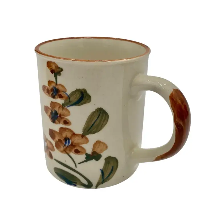 Vintage Hand-painted Stoneware Mug, Brown/Blue Flowers, 3.5" Tall