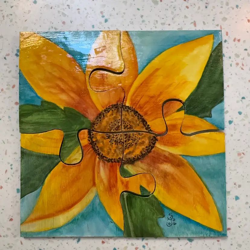 Hand painted Watercolor Sunflower On Four Puzzle Coasters. Backed With Foam Pad. 8 X 8. Triple Coated To Protect Surface