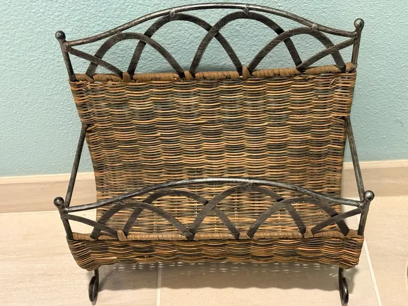 Vintage Woven And Metal Magazine Rack And Towel Holder