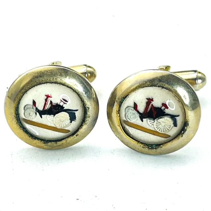 Antique Car Cufflinks Reverse Painted Glass Gold Tone 17367