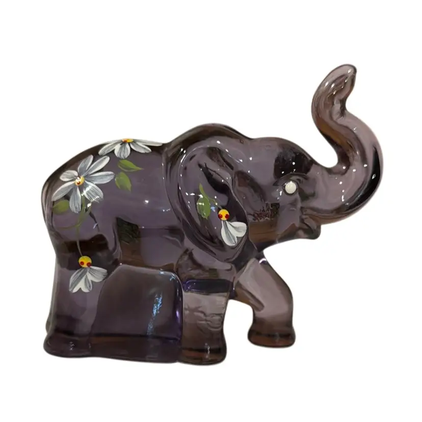 Fenton & Lenox Hand, Painted Amethyst, Purple Glass Elephant With Daisies – Signed And Stamped