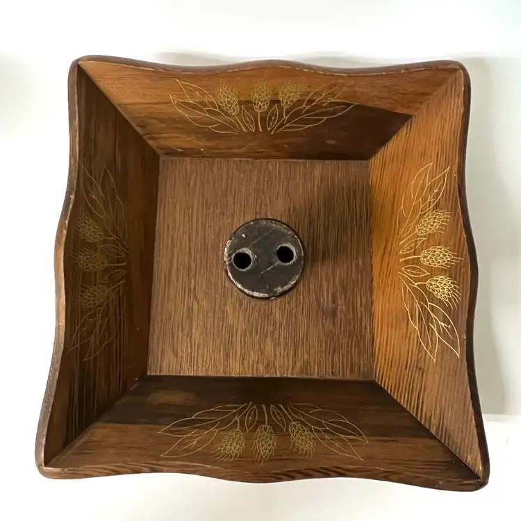 Square Shaped Wooden Nut Bowl Serving Tray Hand Painted Wheat Design 8.8x8.8 in