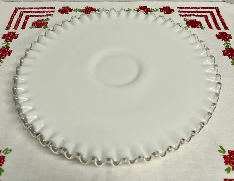 Fenton Silver Crest milk glass low cake plate or serving platter ruffled crimped edge 12”