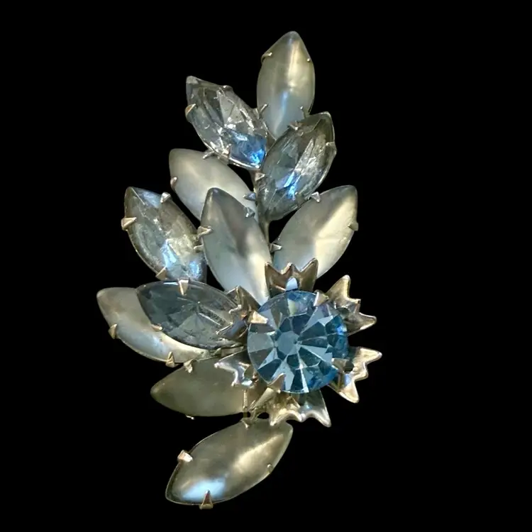 Vintage MCM Frosted Blue Navette Bright Blue Brilliant Prong Set Rivet & Swedge Brooch 2.5”