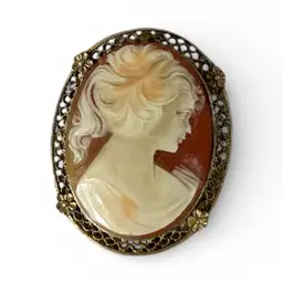 Vintage Cameo Brooch Pin Or Pendant Cream And Orange Resin Based