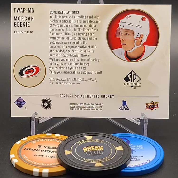 Morgan Geekie FWPA 2020-21 Upper Deck SP Authentic Hockey Future Watch Limited Auto Material Insert Numbered 31/100 Card #FWAP-MG - Carolina Hurricanes